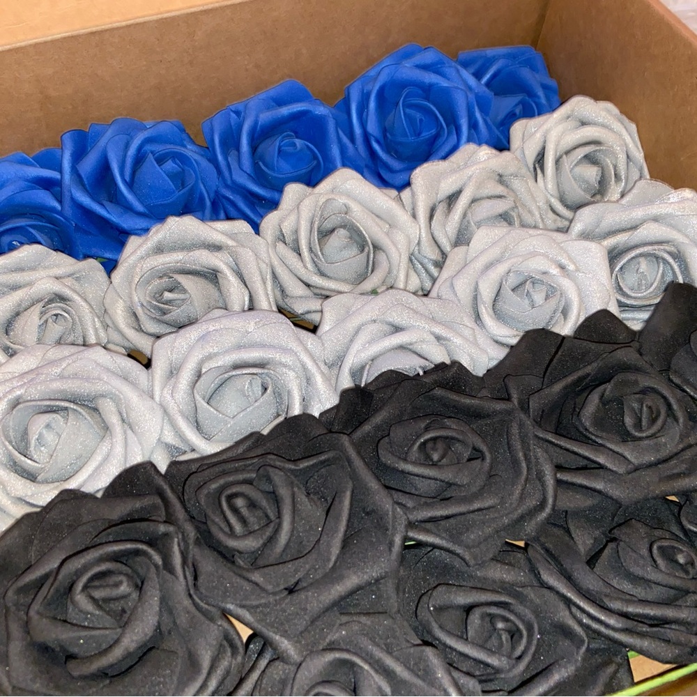 25 Count | Royal Silver Black White Roses Artificial Wedding Bouquet Decor ~ New